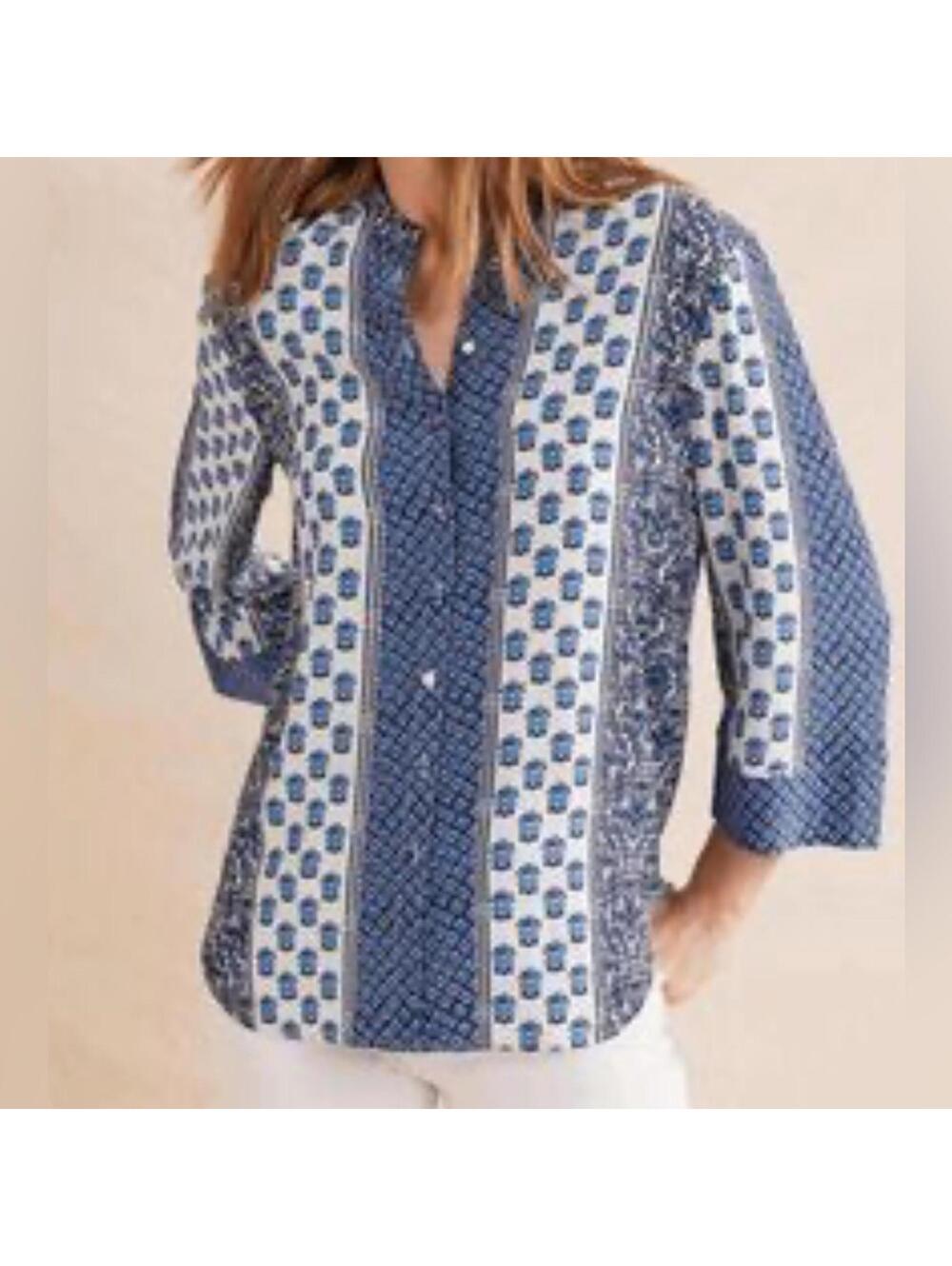 Boden Georgette Wide Sleeve Relaxed Blues Boho Comfy Button Down Top | Size 10